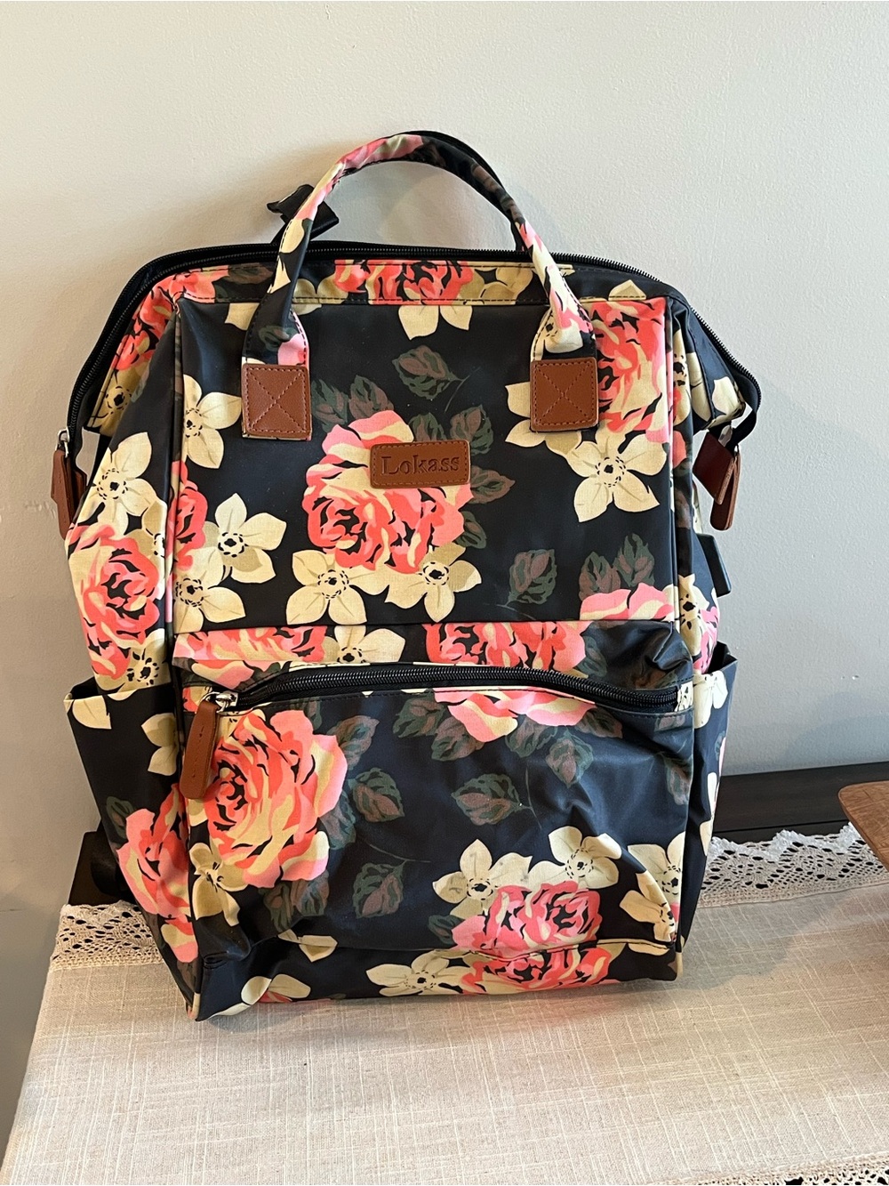 Floral Backpack Tote in Black with Pink Rose Print